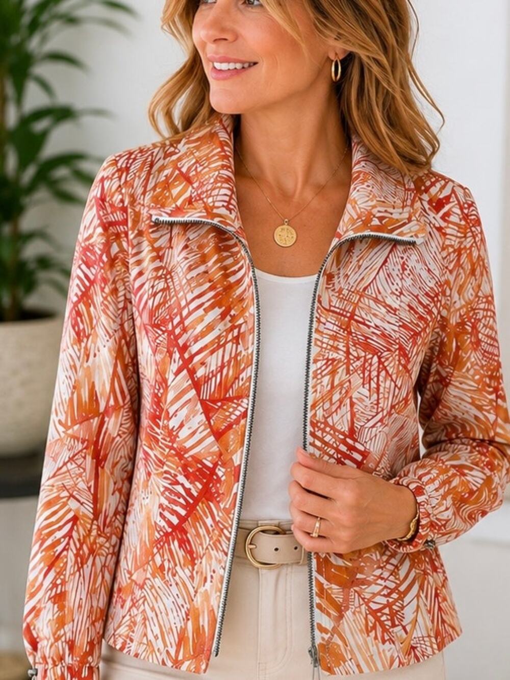 Chico’s Leaf Print Zip Front Jacket Size 2 Large Cotton Stretch Orange Tan